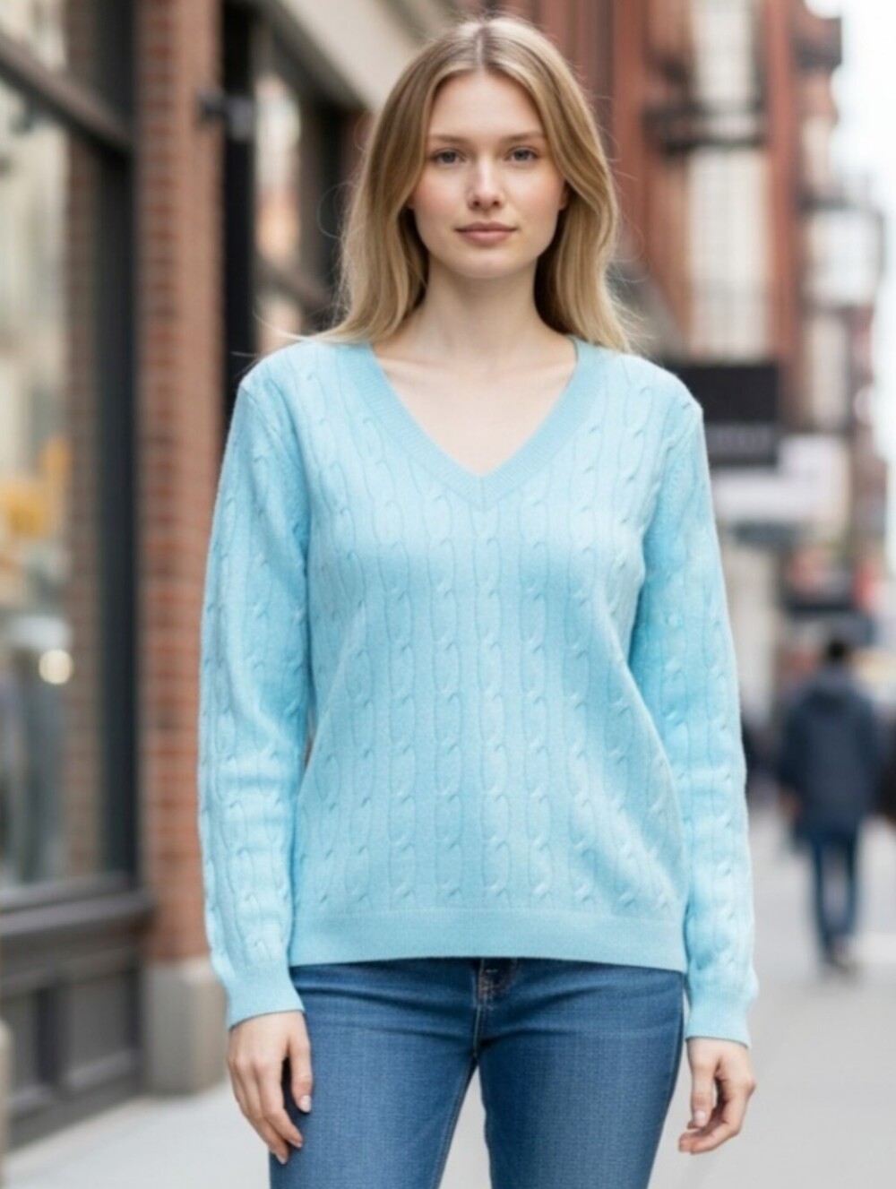 Talbots petite small cashmere cable knit sweater v neck long sleeves blue preppy